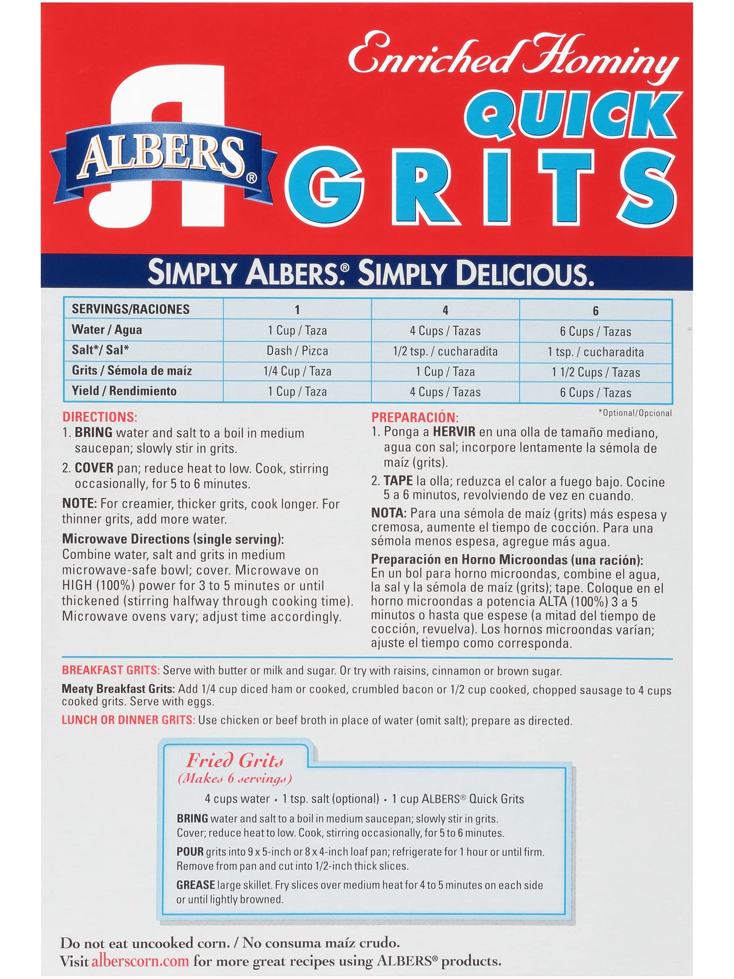Albers Enriched Hominy Quick Grits, Naturally Low in Fat, 40 OZ Box