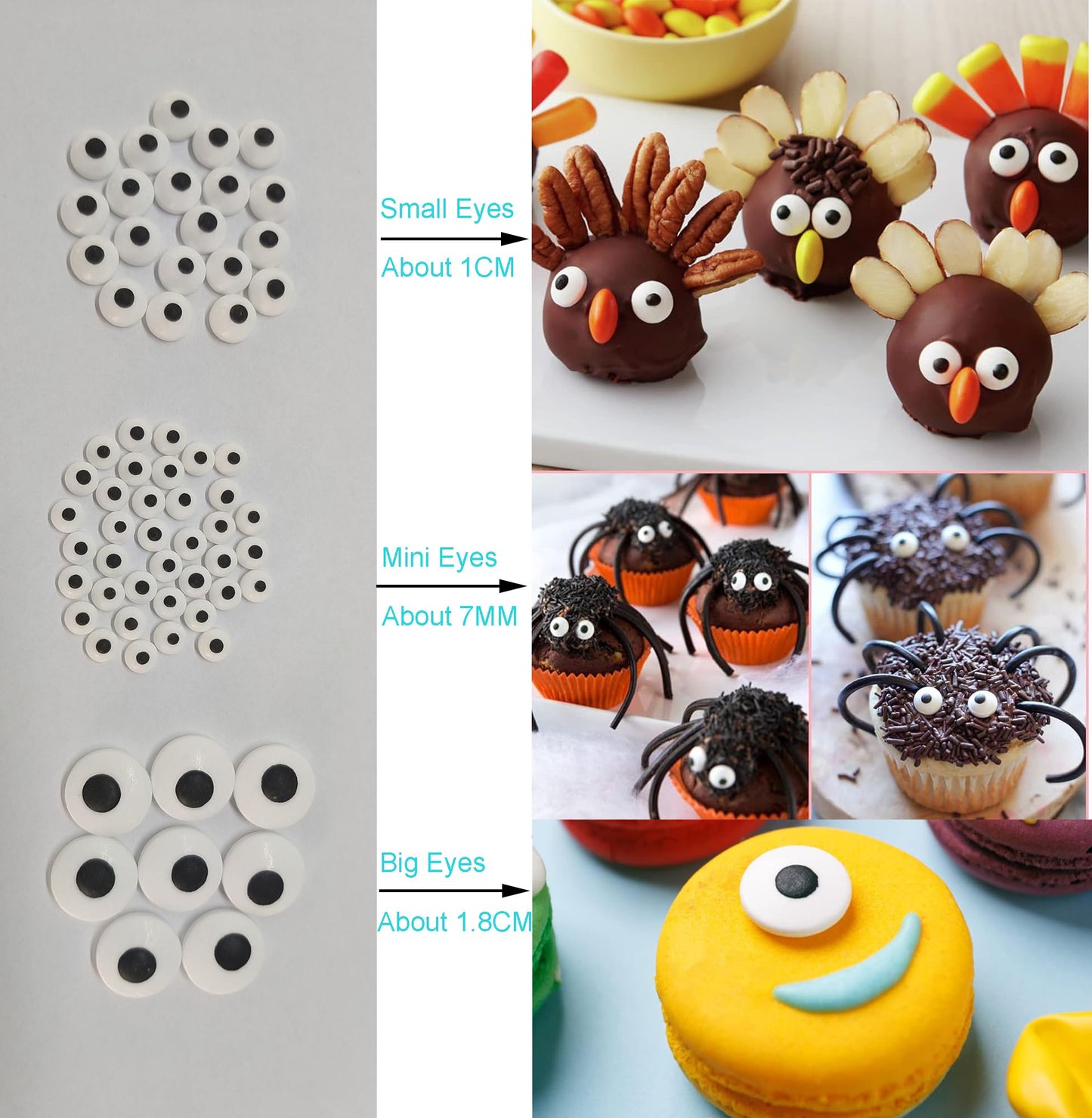 Sentovac Candy Eyes For Decorating | Edible Candy Eyeballs Sprinkles For Halloween | Cake And Cupcake Topper Decorations | 1 Box 2.82Oz Big Small Mini (1.8Cm 1Cm 7Mm) Edible Eyes