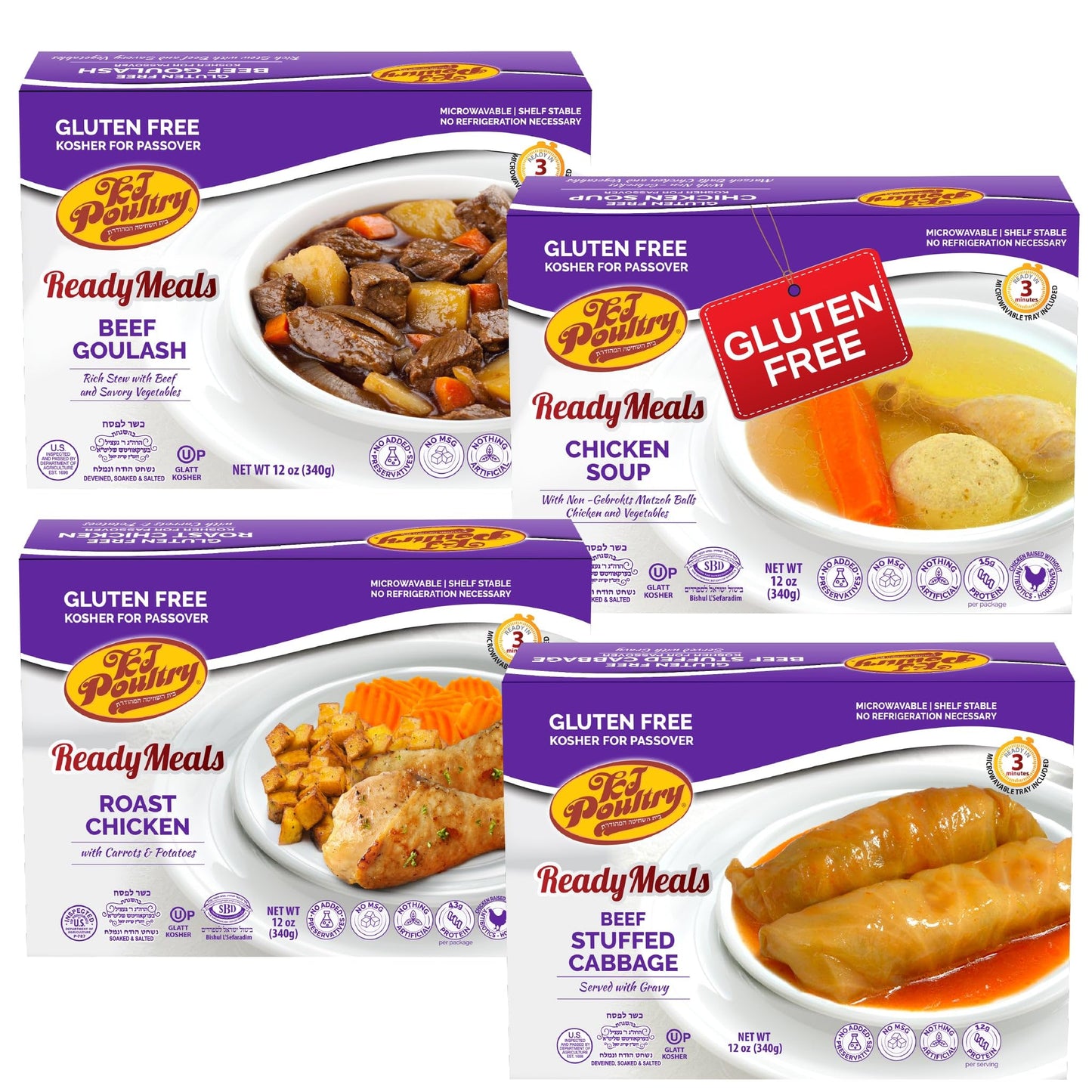 KJ Poultry Kosher for Passover Gluten Free Meals, Matzo Ball Chicken Soup + Beef Goulash + Roast Chicken + Stuffed Cabbage (4 Pa