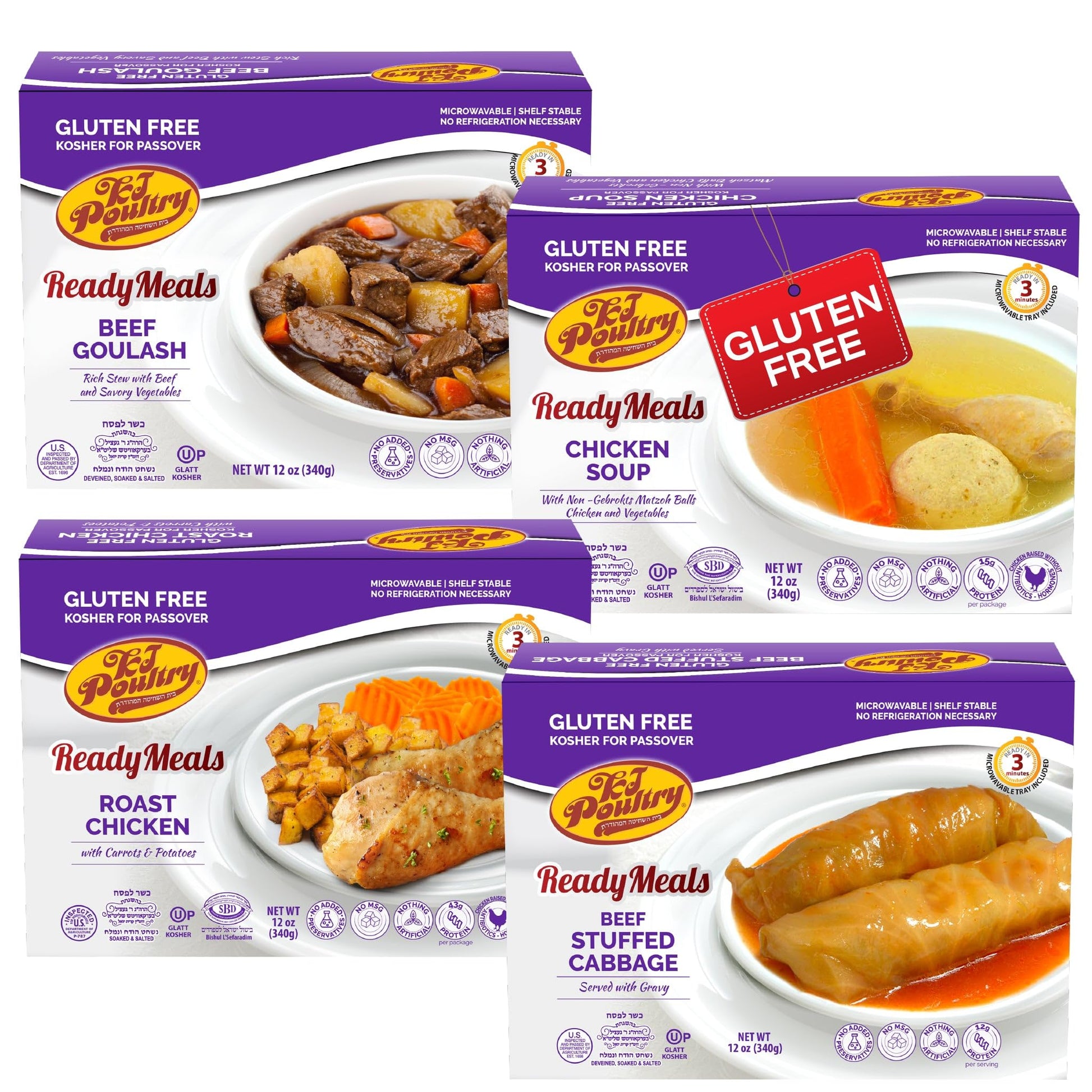 KJ Poultry Kosher for Passover Gluten Free Meals, Matzo Ball Chicken Soup + Beef Goulash + Roast Chicken + Stuffed Cabbage (4 Pa