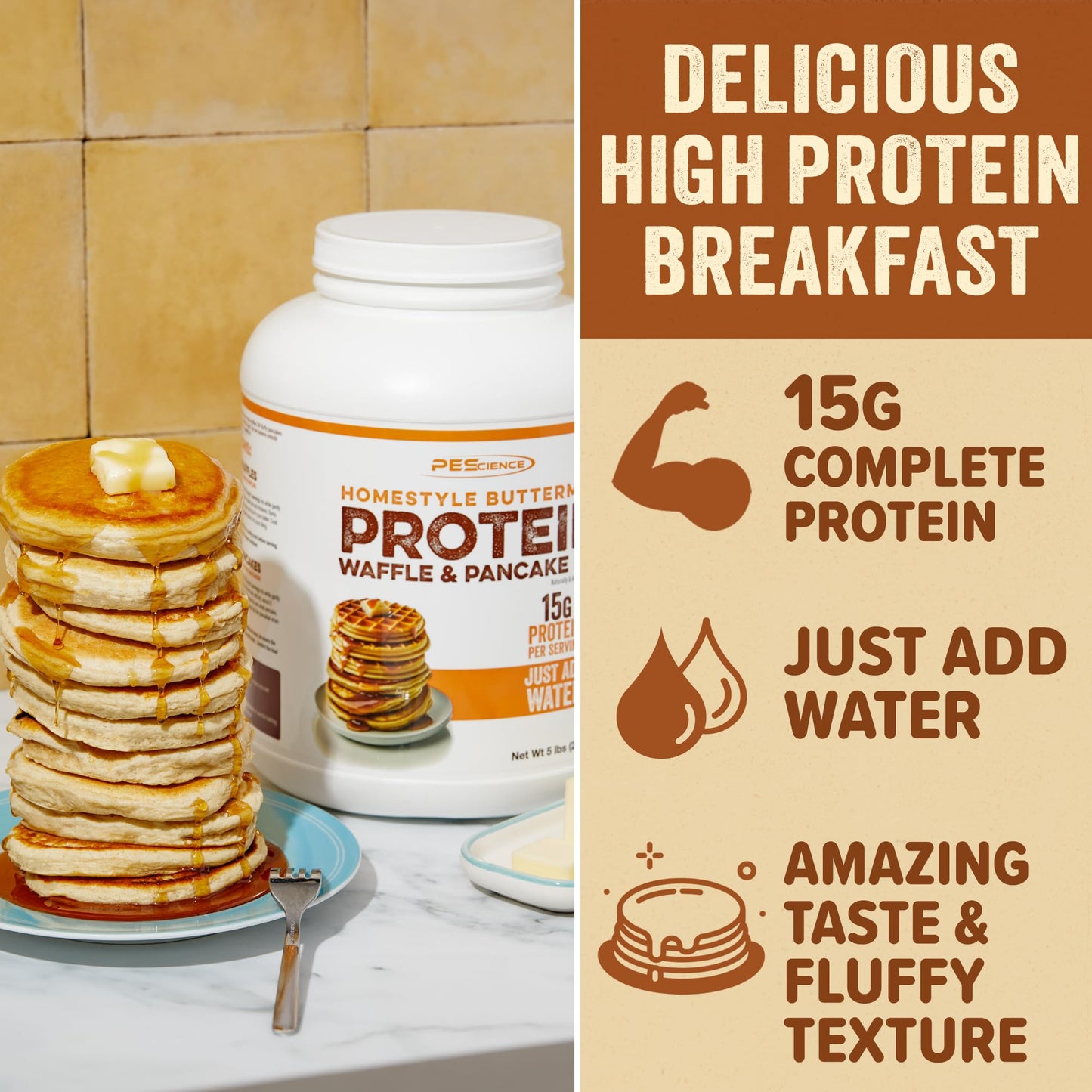 PEScience Protein Pancake & Waffle Mix, 15g Protein, 36 Servings, Just Add Water, Homestyle Buttermilk