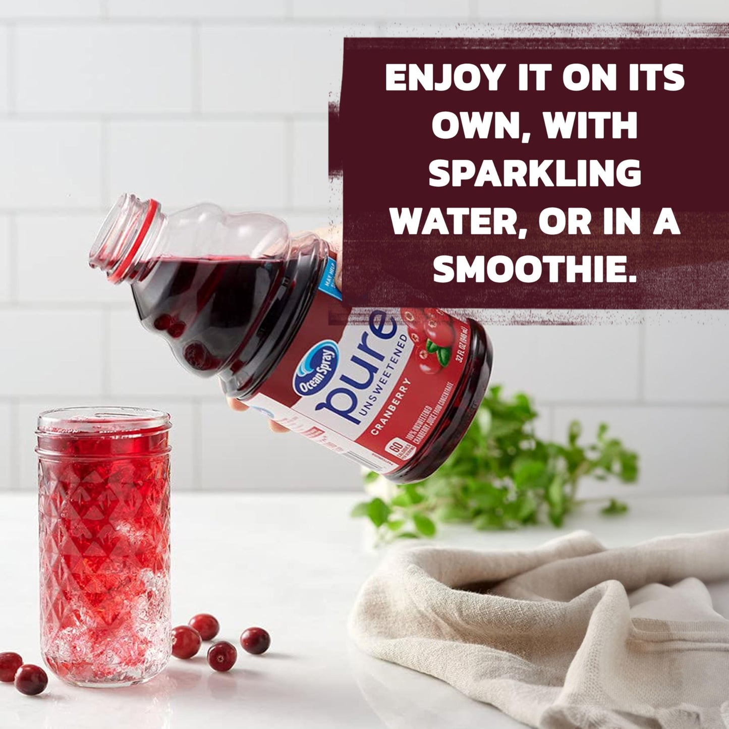 Ocean Spray Pure Unsweetened Tart Cherry, 100% Tart Cherry Juice, 32 Fl Oz Bottle