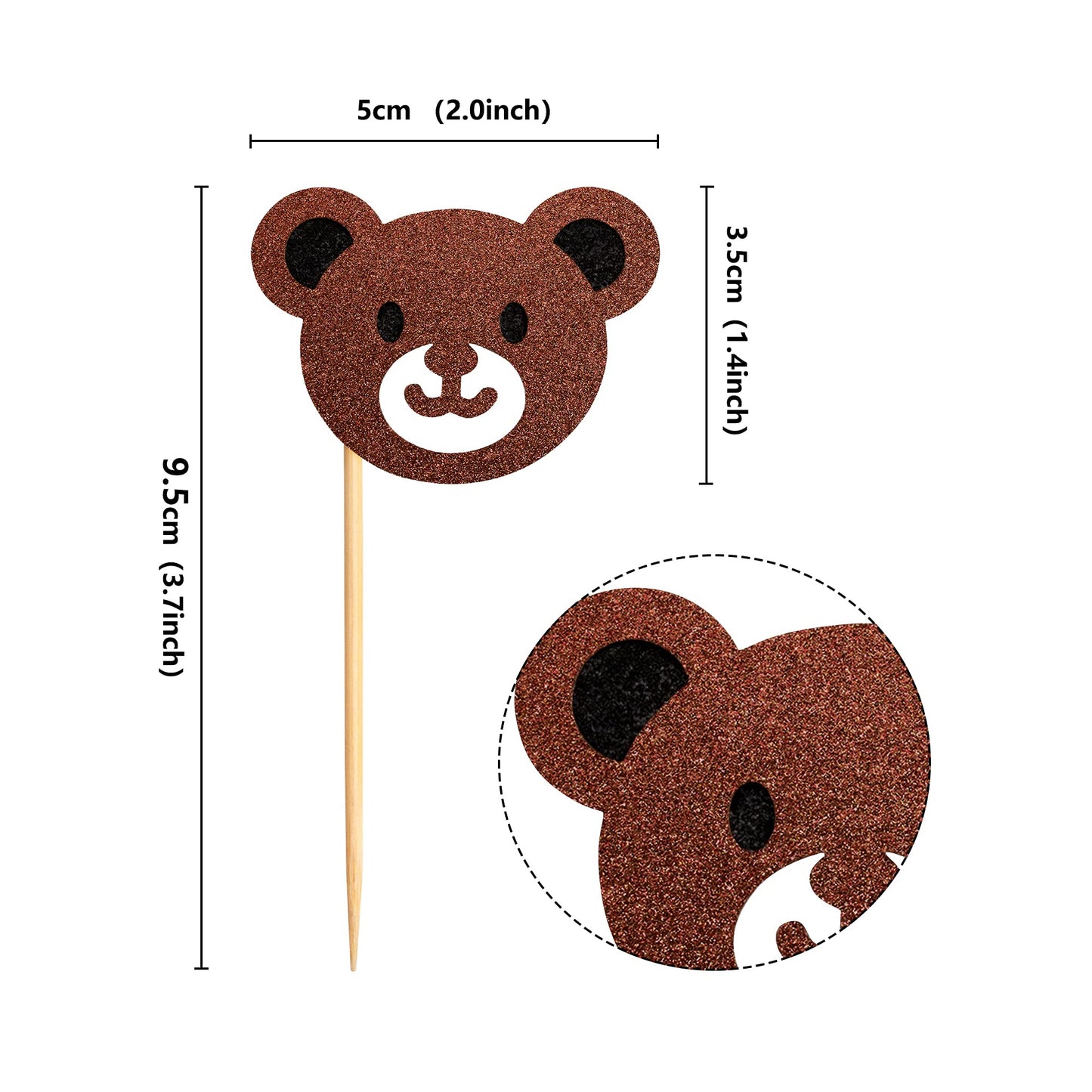 Ercadio Bear Head Cupcake Toppers - 24 Pack, Glitter Paper Jungle Animals, Baby Shower Birthday Party Decorations, Small Size