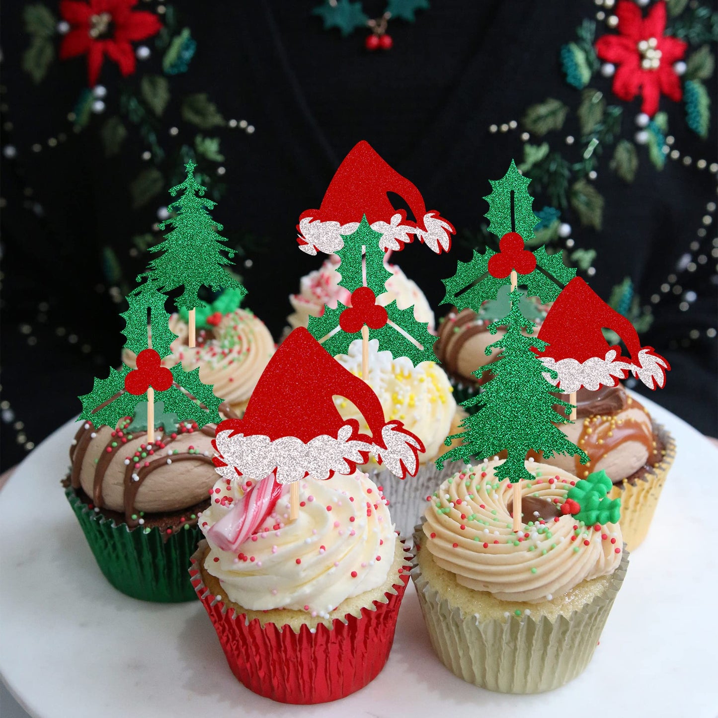 24 Pcs Christmas Holly Leaves And Berries Cupcake Toppers Glitter Santa Hat Christmas Tree Cupcake Picks Winter Merry Christmas Theme Birthday Party Cake Decorations Supplies