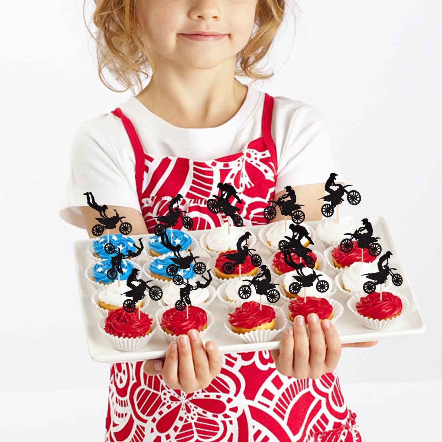 24 Pcs Motorcycle Cupcake Toppers Black Glitter Motocross Dirt Bike Party Cupcake Picks For Sports Motocross Theme Man Boy Birth