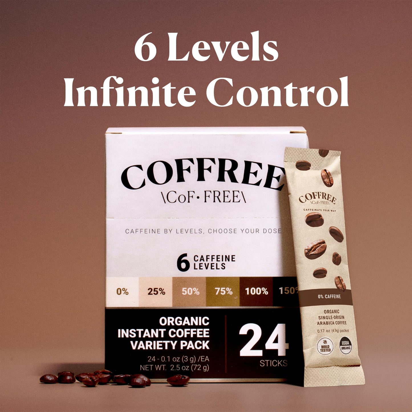 COFFREE Organic Instant Coffee Packets - 100% Caffeine  Convenient Coffee Sticks  Mold Free  Low Acid Arabica Beans for On-the-Go Energy - Hot or Cold Rich Taste Single Serve Travel Packets 24 Count