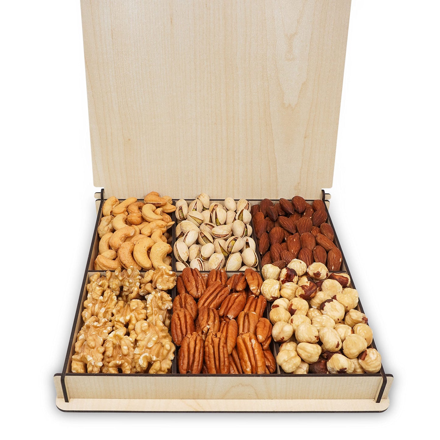 Secret Gardens Monogrammed Gift Basket - Mixed Nuts Gourmet Assortment Tray, Holiday Color, Reusable Wooden Tray