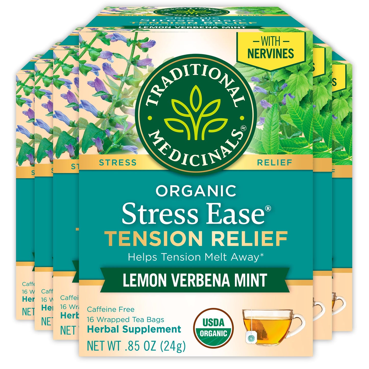 Traditional Medicinals Organic Stress Ease Tea, 96 Tea Bags (6 Pack), Relieves Tension, Promotes Relaxation