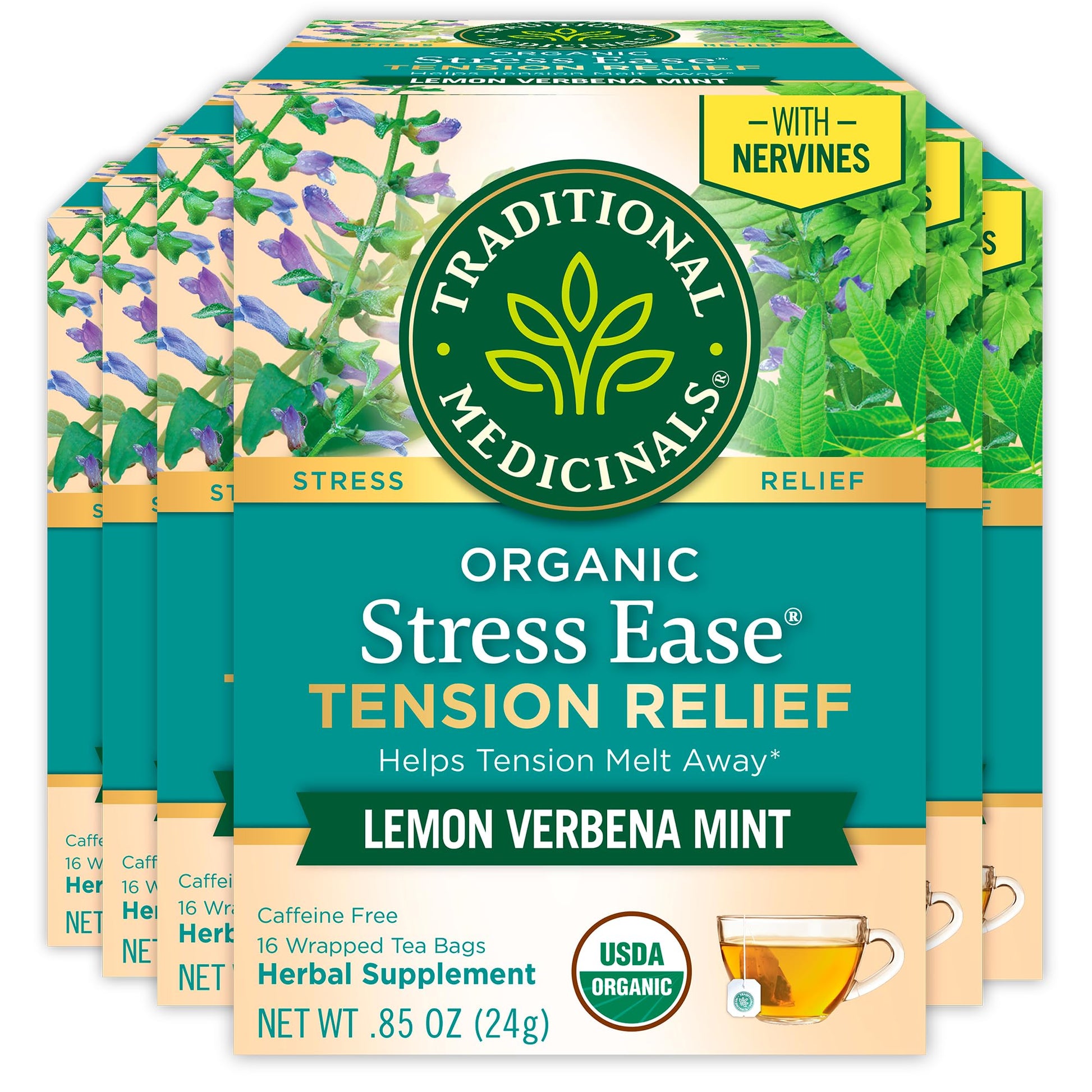 Traditional Medicinals Organic Stress Ease Tea, 96 Tea Bags (6 Pack), Relieves Tension, Promotes Relaxation