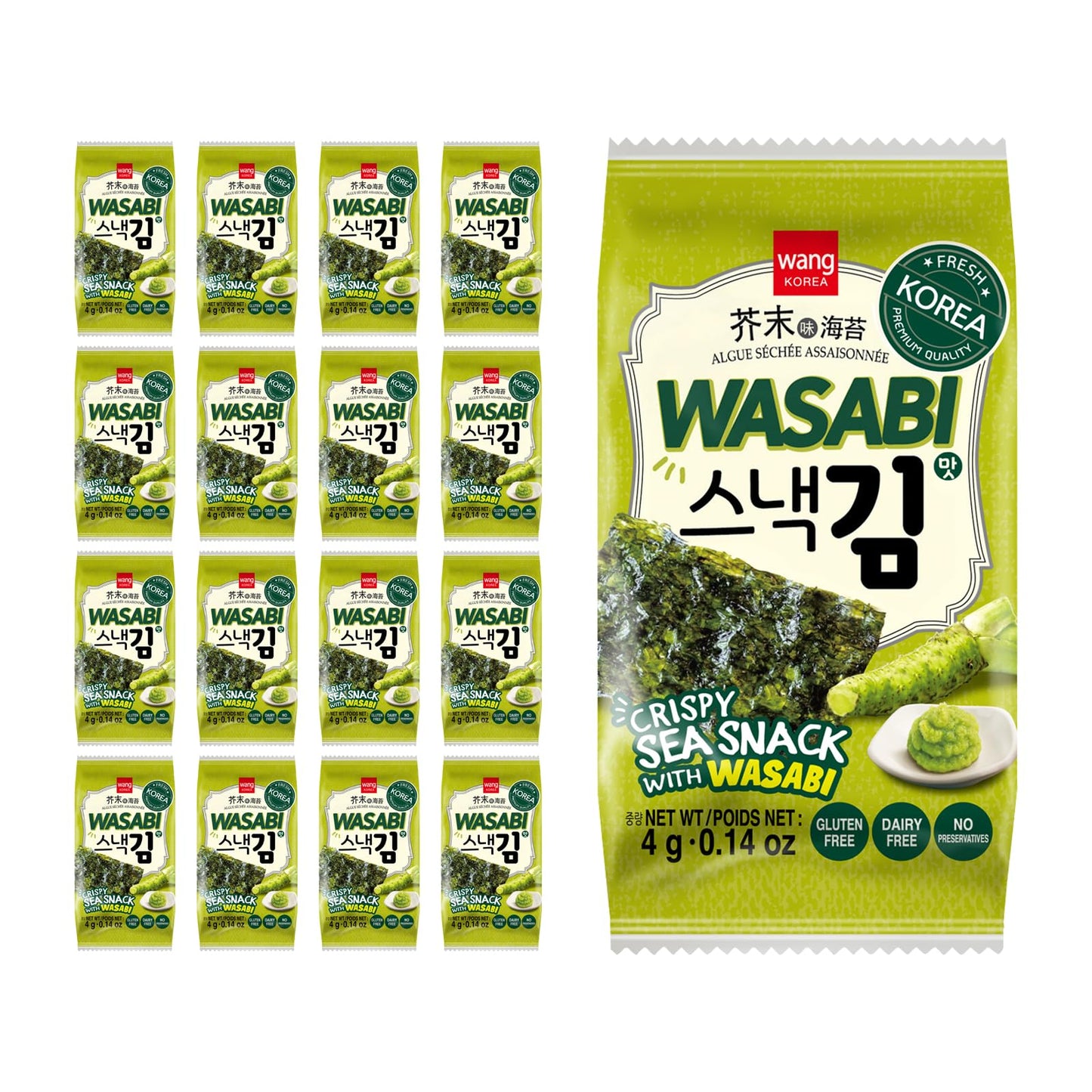 Wang Korean Roasted Seaweed Snack With Wasabi, Keto-Friendly, Vegan, Gluten-Free, Healthy Snack, Pack Of 16