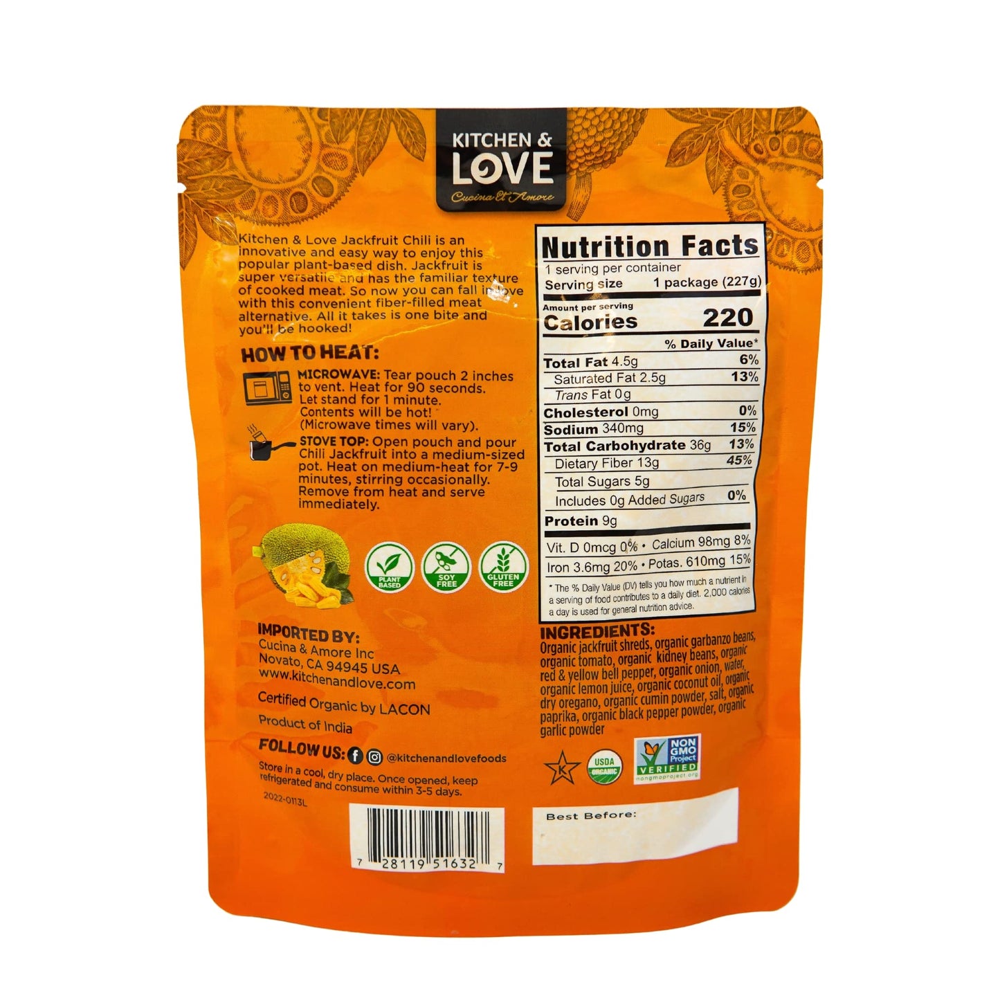 Kitchen & Love Jackfruit Chunky Chili, Organic, Fully Cooked, Versatile Plant Based Meat Alternative, Gluten Free, Ready In 90 S