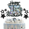 Happy 15th Birthday Cake Topper, Black Glitter and Gem Patterns Card Stock Cake Toppers, Quinceanera Decorations, 15 Year Birthd