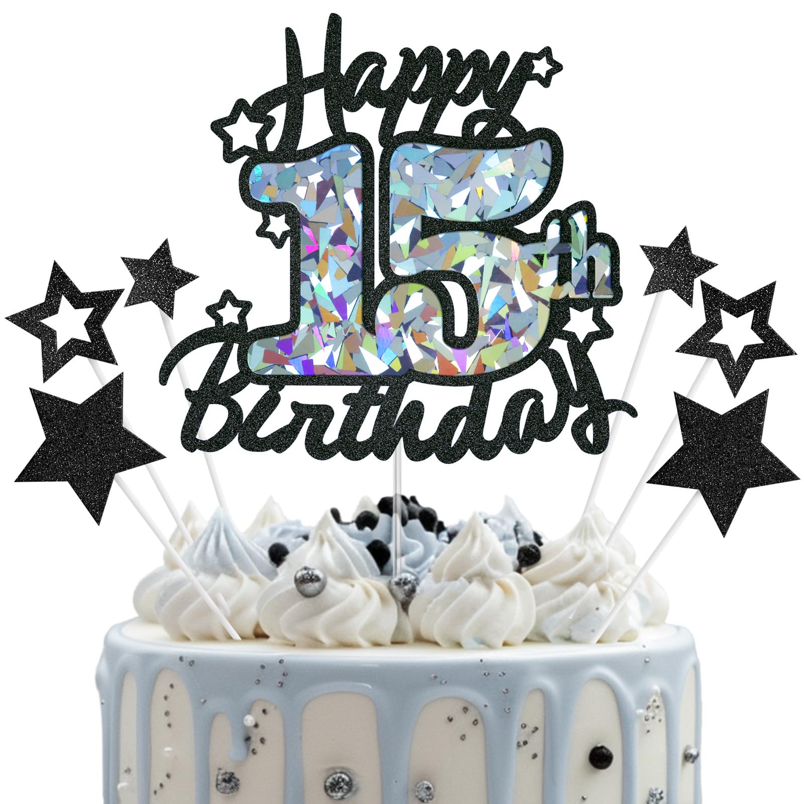 Happy 15th Birthday Cake Topper, Black Glitter and Gem Patterns Card Stock Cake Toppers, Quinceanera Decorations, 15 Year Birthd