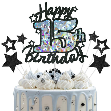 Happy 15th Birthday Cake Topper, Black Glitter and Gem Patterns Card Stock Cake Toppers, Quinceanera Decorations, 15 Year Birthd
