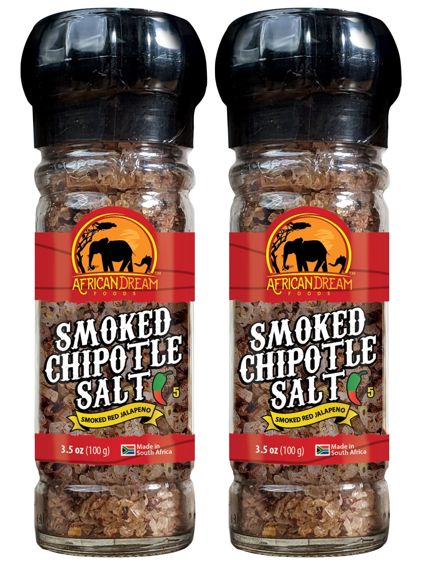 African Dream Foods Smoked Chipotle Spicy Salt Seasoning, 3.5 oz (Pack of 2) - Ideal for Meat, Chicken, Seafood, Reusable Grinder