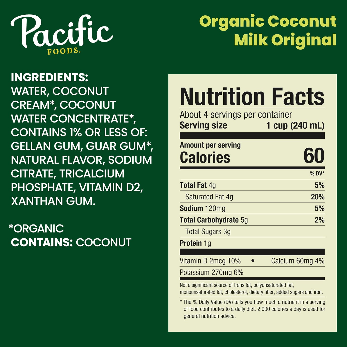 Pacific Foods Original Organic Coconut Milk, Plant Based Milk, 32 oz Carton (12 Pack)