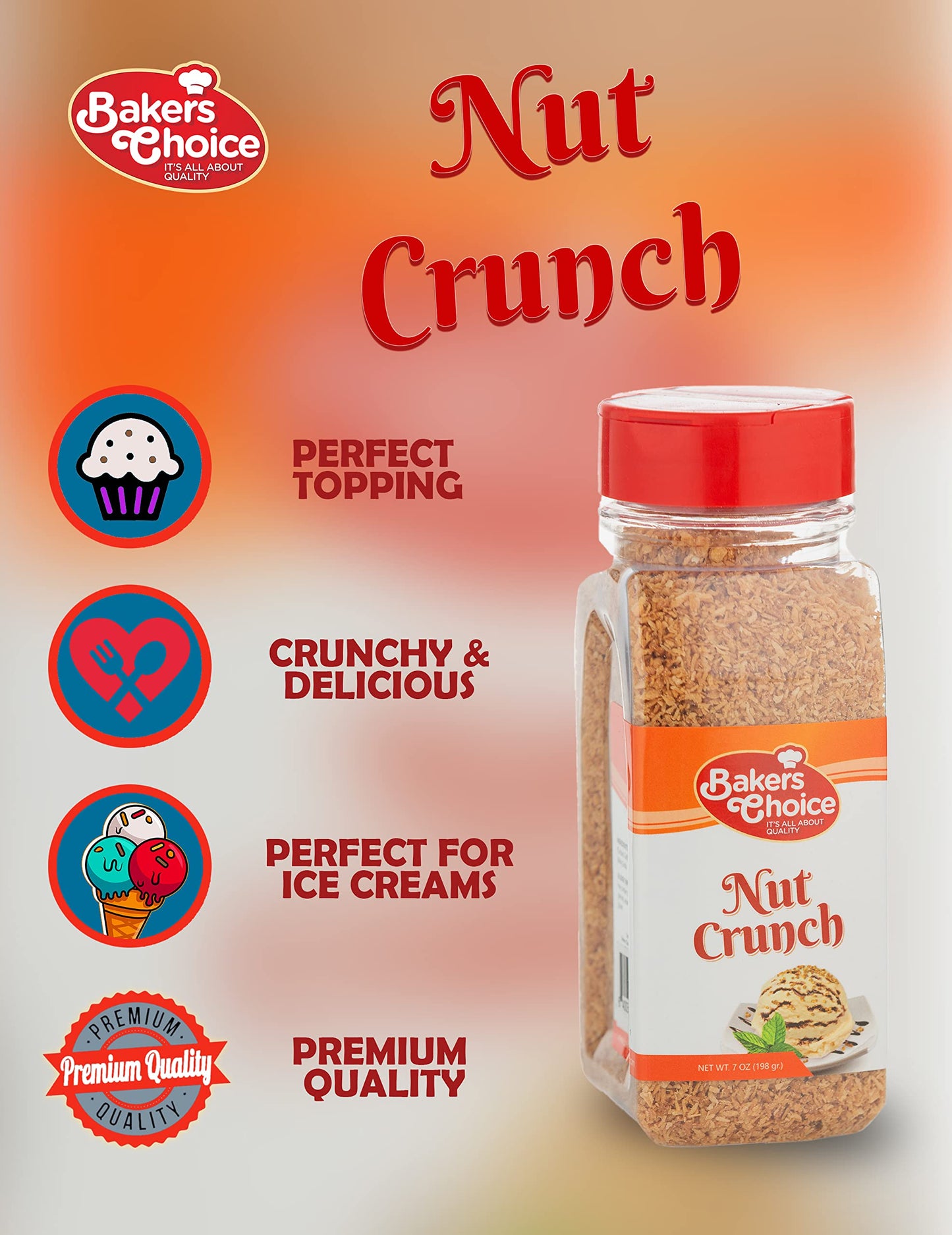 Coconut Crunch Topping - Coconut Sprinkles For Ice Cream Sundae Toppings - 7 Oz. - Dairy Free, Kosher - Baker’S Choice