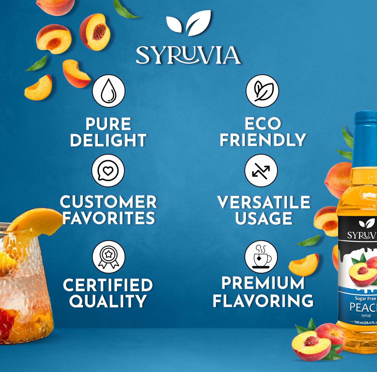 Syruvia Sugar Free Peach Syrup With Syrup Pump Dispenser - Peach Syrup Flavor, 25.4 Fl Oz - Perfect For Cocktails, Ice Tea, Dess