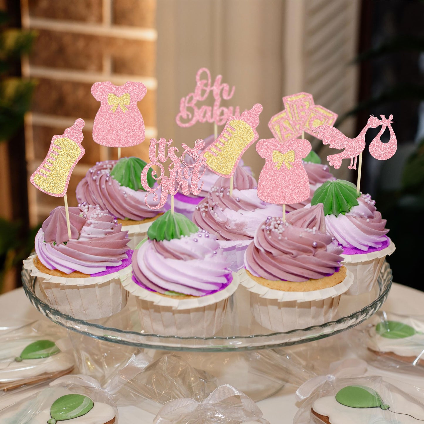 Gyufise 24Pcs Oh Baby Cupcake Toppers Glitter It'S A Girl Cupcake Picks Bow Dress Baby Bottle Baby Shower Cake Decorations For G