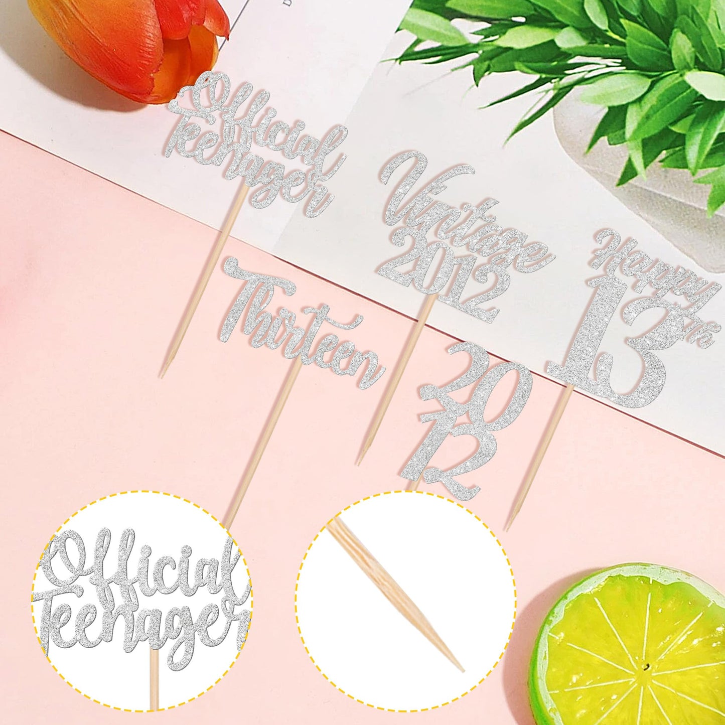 ZHUOWEISM 30PCS Cupcake Toppers for 13th Birthday Party Decorations Silver