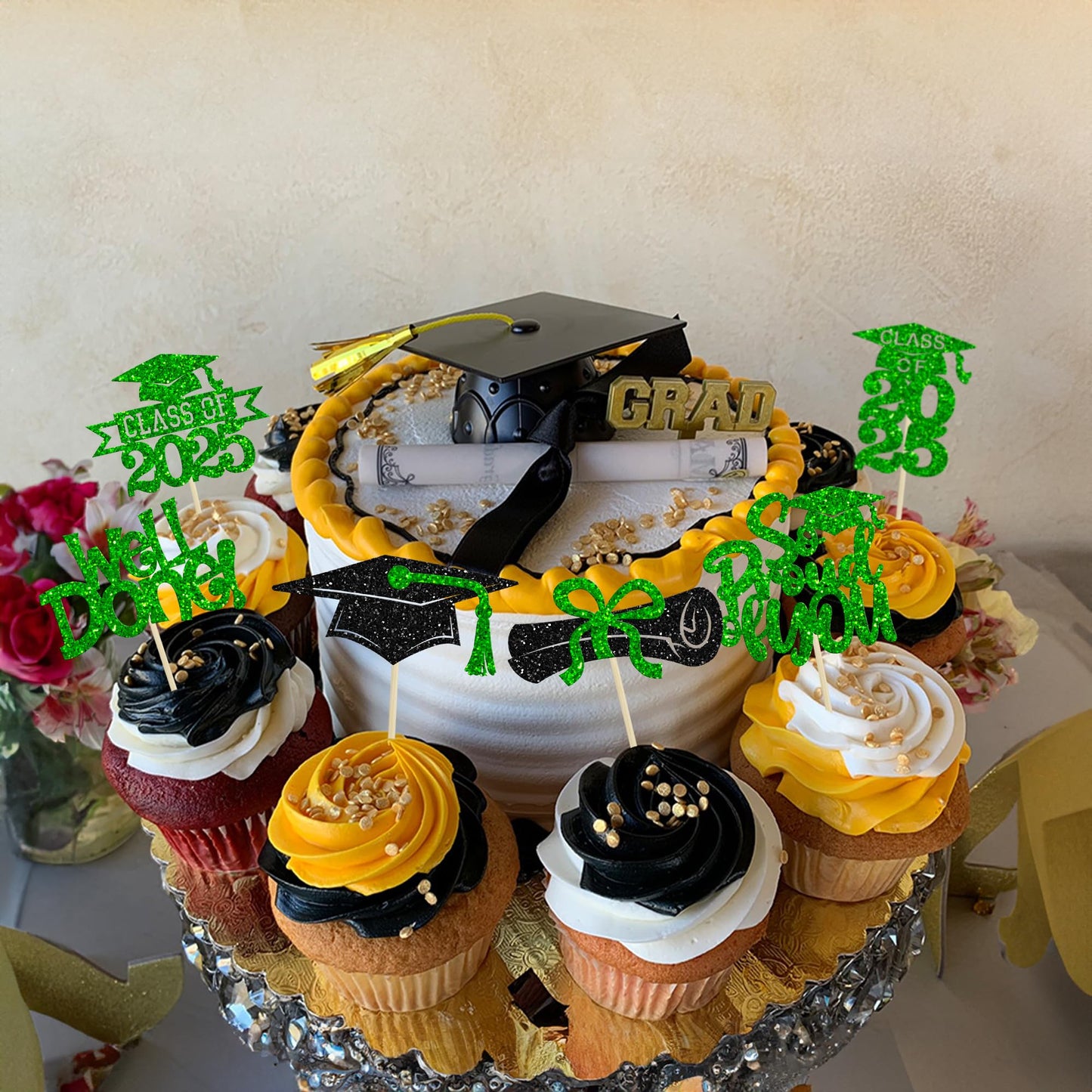 Gyufise Cupcake Toppers, 24 Pcs, Glitter Graduation Congrats Grad 2025, Green, Paper