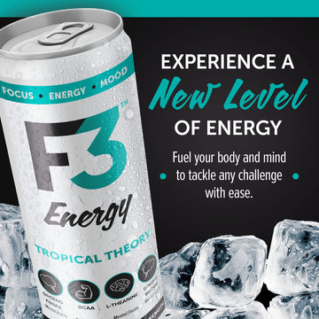 F3 Energy Tropical Theory Energy Drink - BCAA, Panax Ginseng, Ginkgo Biloba - 125 mg Caffeine - 12 Pack