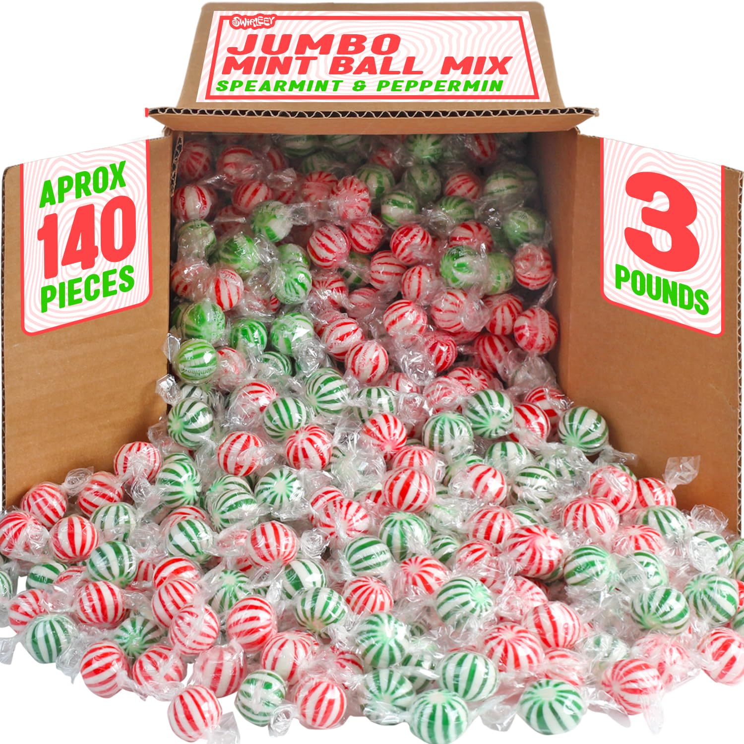 Candy Mint Balls - 3 Pounds - Big Bulk Spearmint & Peppermint Hard Candies - Mint Bulk Candies - Individually Wrapped Bulk Mints