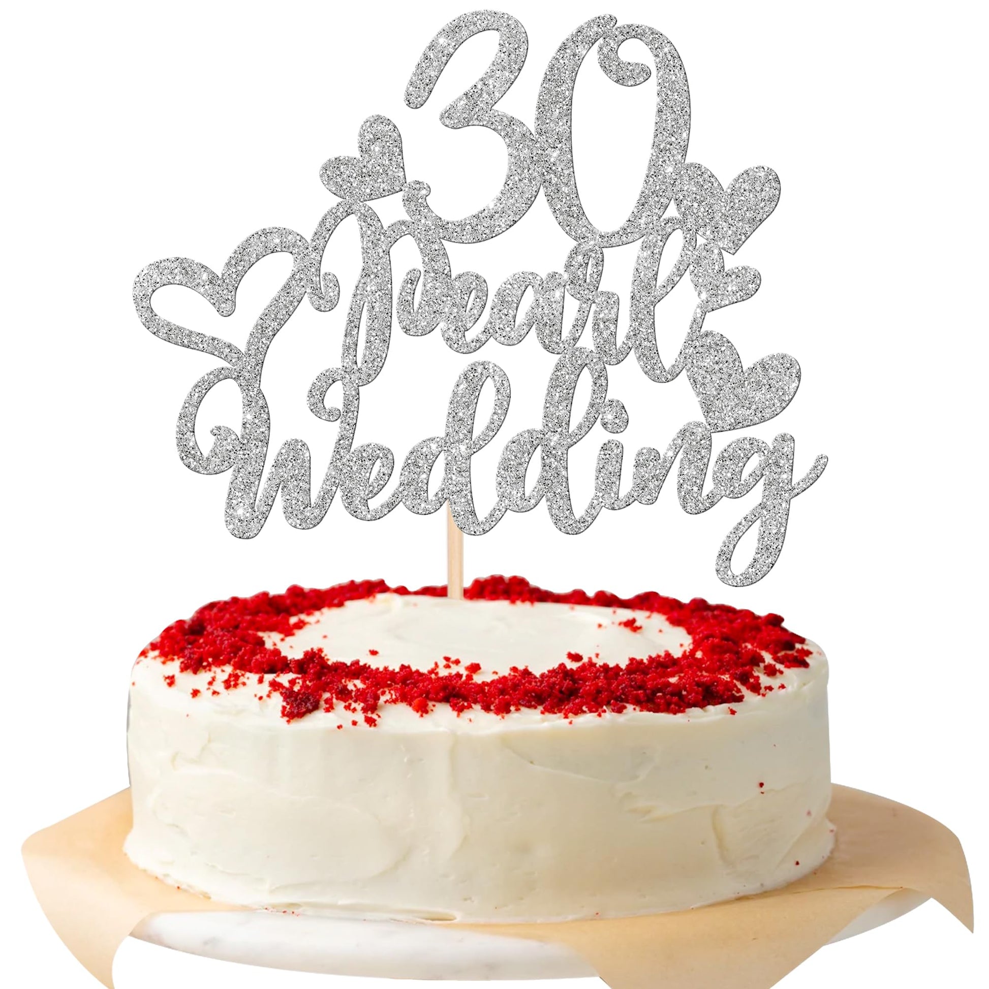 1 PCS 30th Wedding Cake Topper with Heart Silver Glitter 30 Pearl Wedding Cake Pick Decoration for Cheers to 30 Years Happy 30th