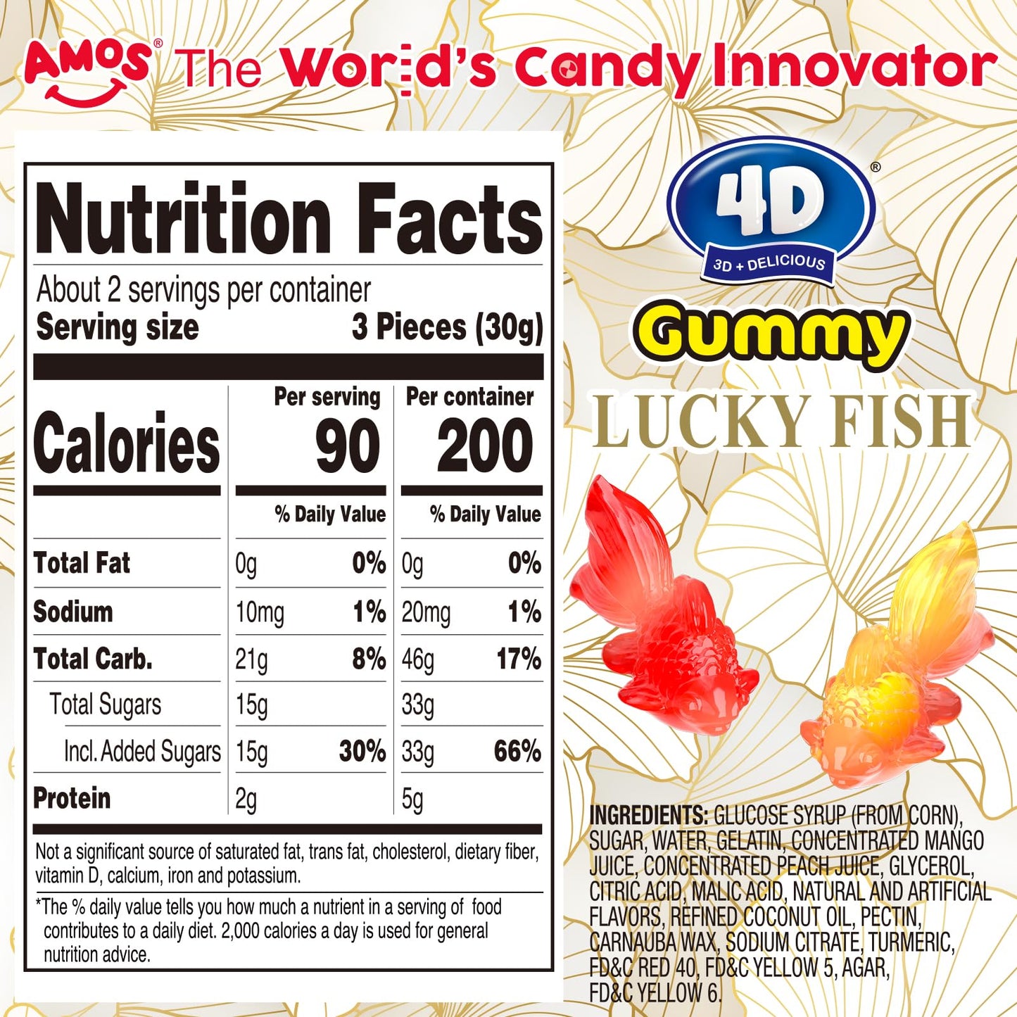 Amos 4D Gummy Goldfish Lucky Fish Candy, 3D Goldfish-Shaped Filled Gummies, Made With Real Mango & Peach Juice, Gluten-Free, 65G