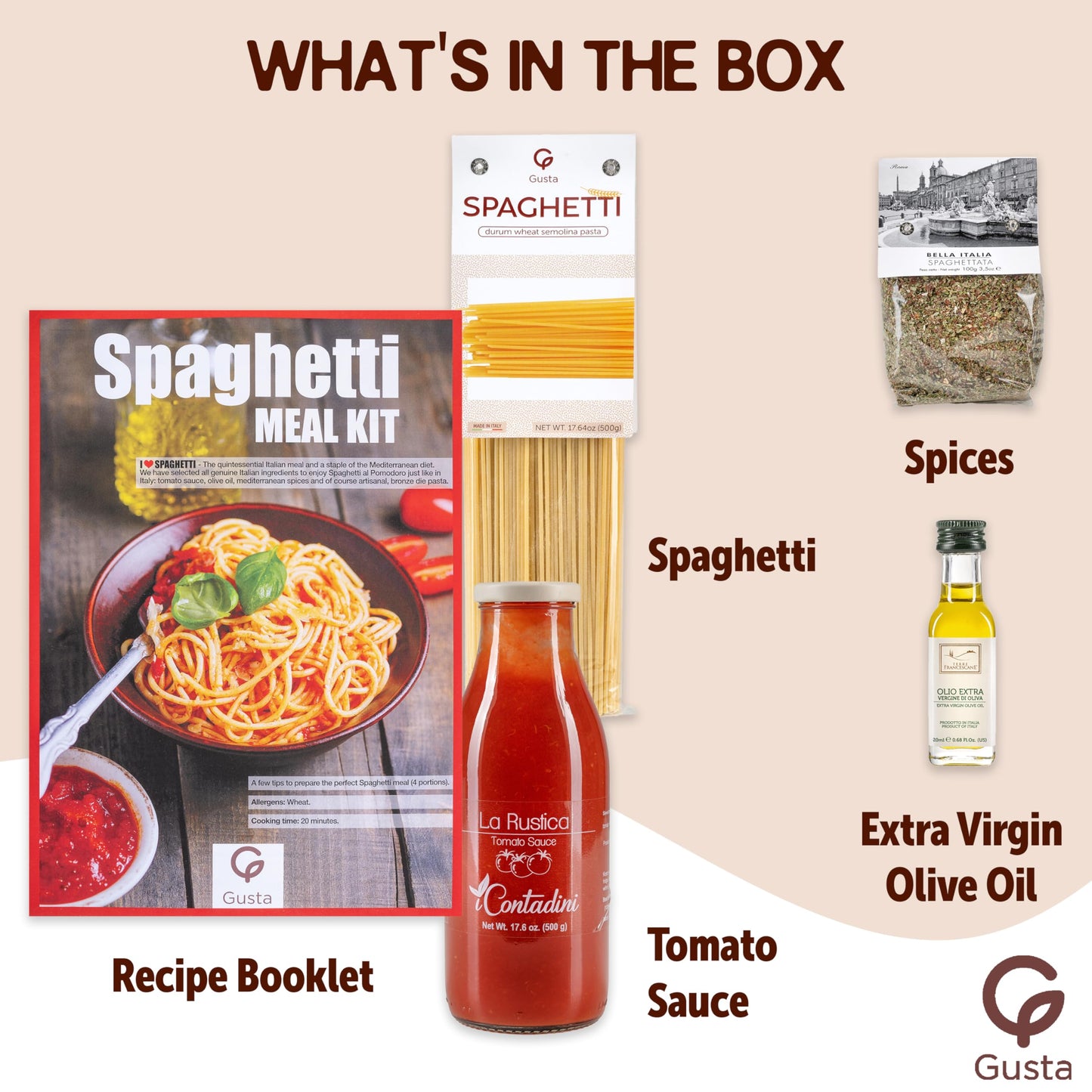 GUSTA Tomato Spaghetti Pasta Meal Kit - Gourmet Italian Food - Makes 5 Meals - Includes Recipe Booklet - Spaghetti Pomodoro