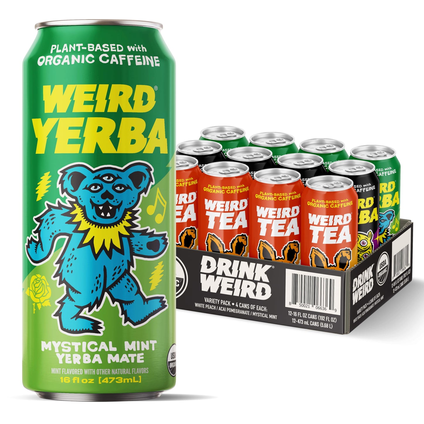 Drink Weird Best Sellers Variety Pack - Acai Pomegranate Yerba Mate  White Peach Oolong Tea  Mystical Mint Yerba Mate. 12pk of 16oz Cans. Better Energy Drink Alternative.