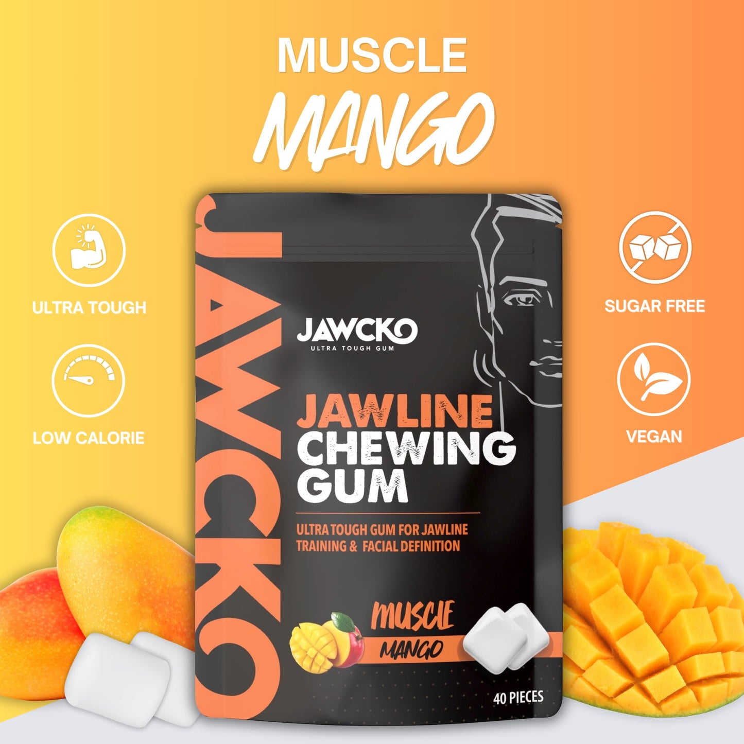 JAWCKO Ultra-Tough Jawline Chewing Gum | Mango Flavor | 15X Strength | 40 Pieces/Pack | White | 3-Pack
