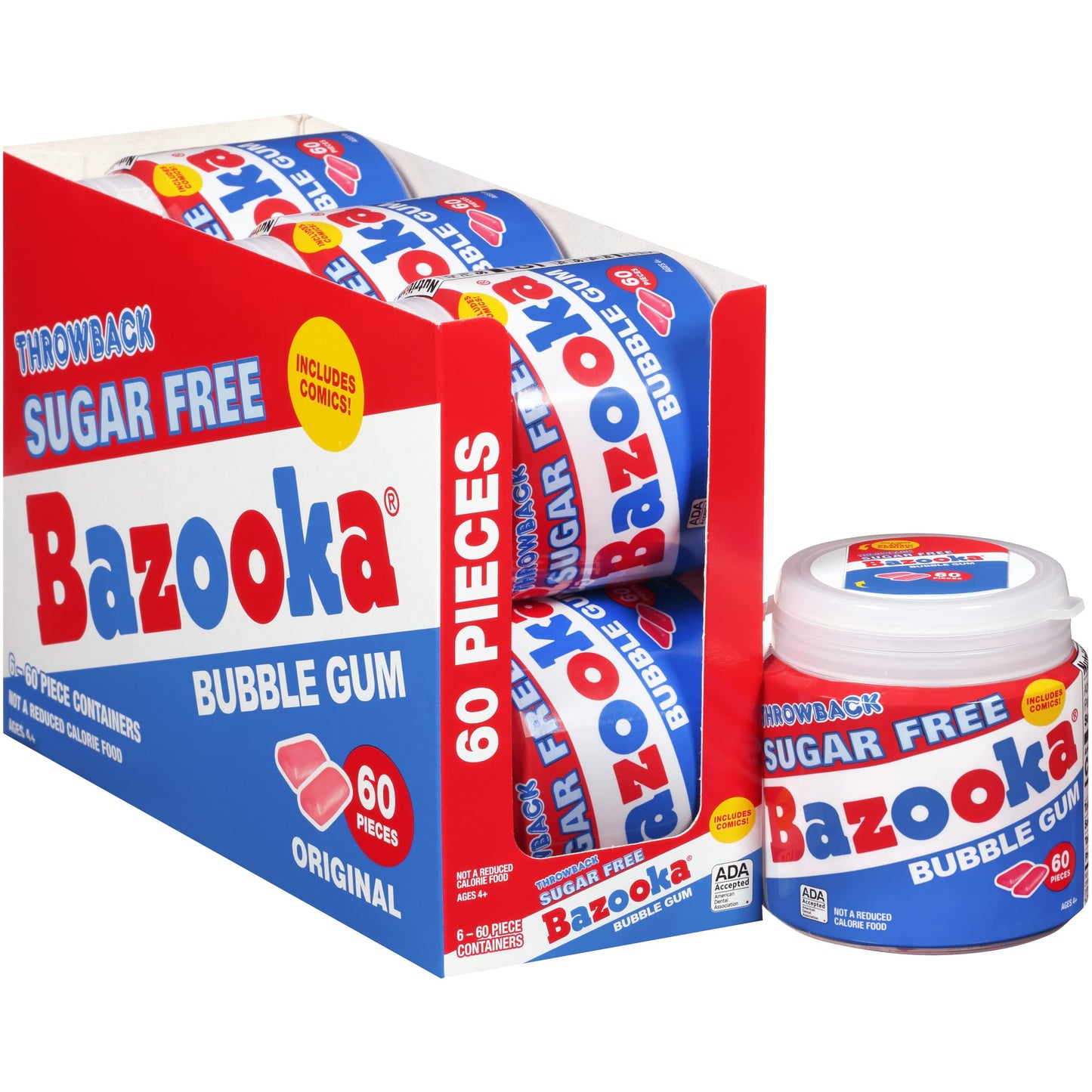 Bazooka Sugar Free Bubble Gum - 60 Count To Go Cup (Pack Of 6) Pink Chewing Gum In Original Sugarless Flavor - Fun Old Fashioned