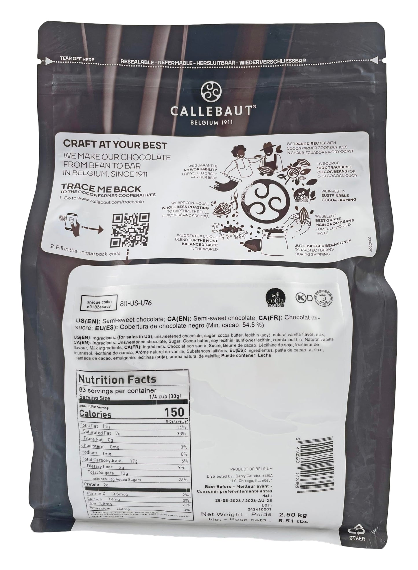 No. 811 Finest Belgian Dark Chocolate Callets With 54.5% Cocoa & W2 White Chocolate Callets With 28% Cocoa | 5.5 Lbs Each | Baki
