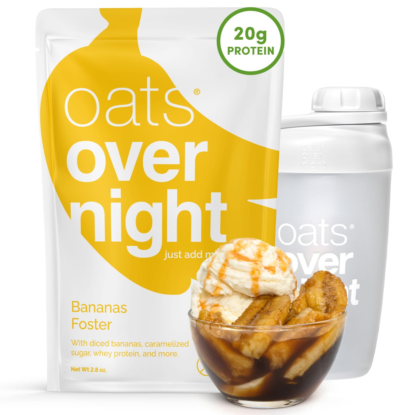 Oats Overnight Bananas Foster - Overnight Oats With 20G Whey Protein  High Fiber Breakfast Protein Shake - Gluten Free Oatmeal  Non Gmo High Protein Oatmeal (2.8 Oz Per Meal) (8 Pack + Bottle)
