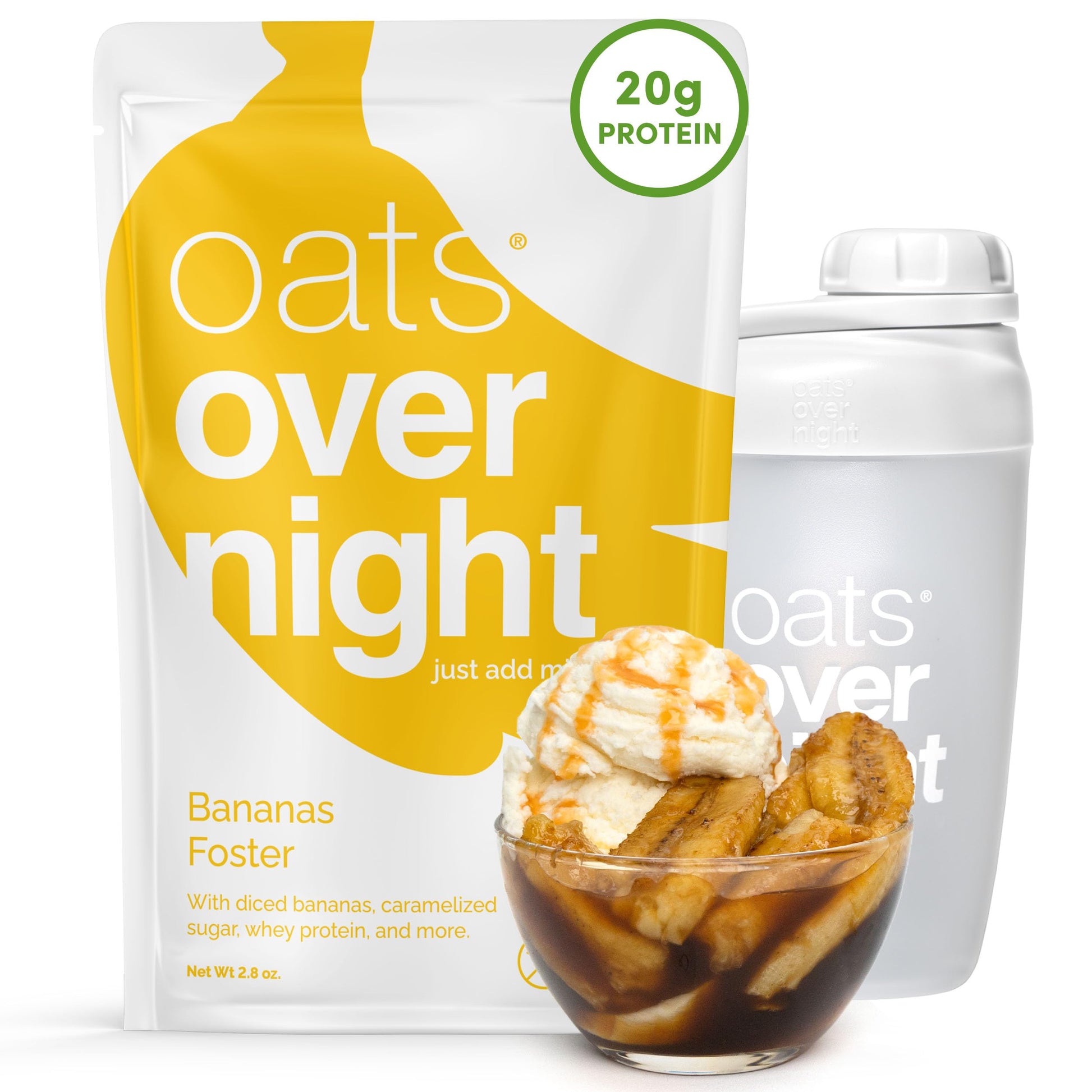 Oats Overnight Bananas Foster - Overnight Oats With 20G Whey Protein  High Fiber Breakfast Protein Shake - Gluten Free Oatmeal  Non Gmo High Protein Oatmeal (2.8 Oz Per Meal) (8 Pack + Bottle)