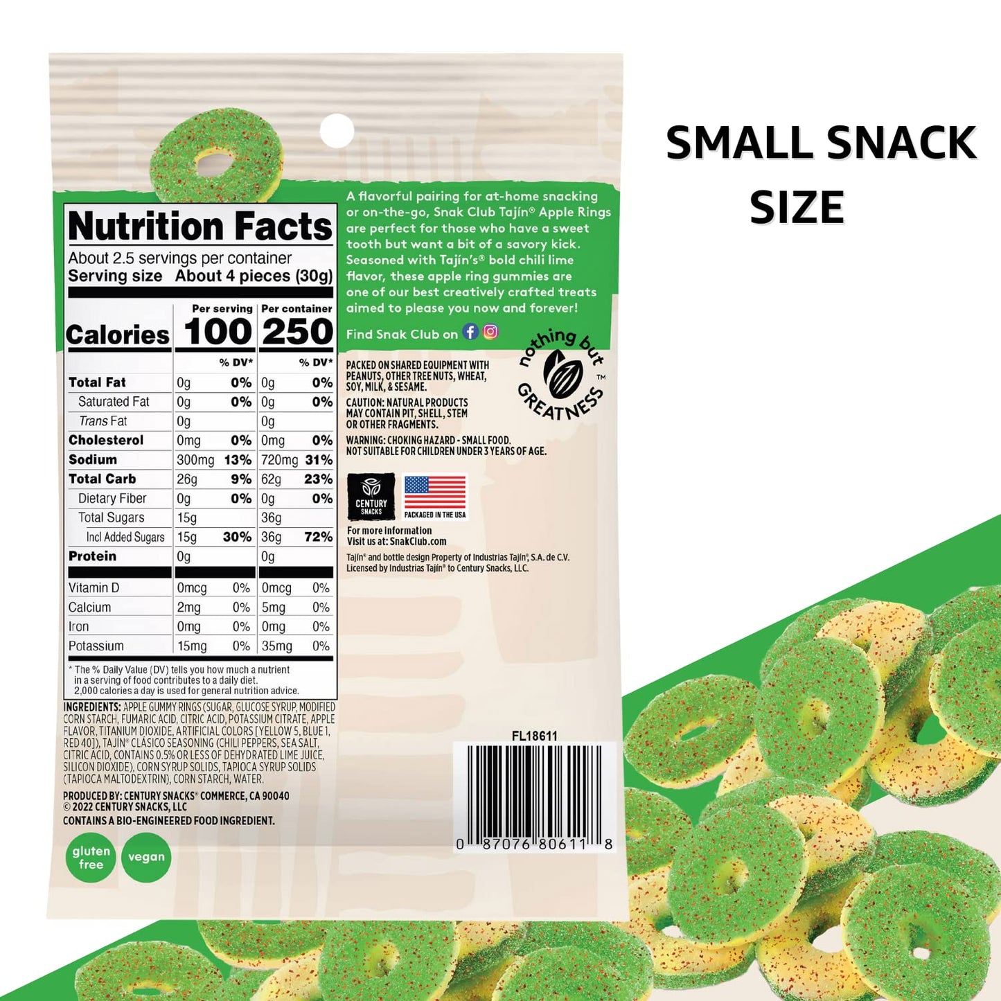 Snak Club Tajin Apple Rings, Sweet & Tasty Gummy Snacks, 2.5Oz Snack Size, 12 Count