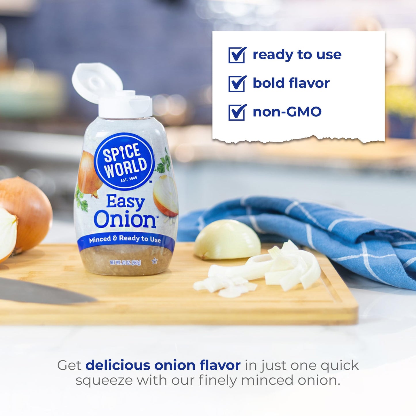 Spice World Squeezable Easy Onion - 20oz Ready-to-Use Minced Onion - Perfect for Hot Dogs, Stir Fry, Marinades, & More - Simply