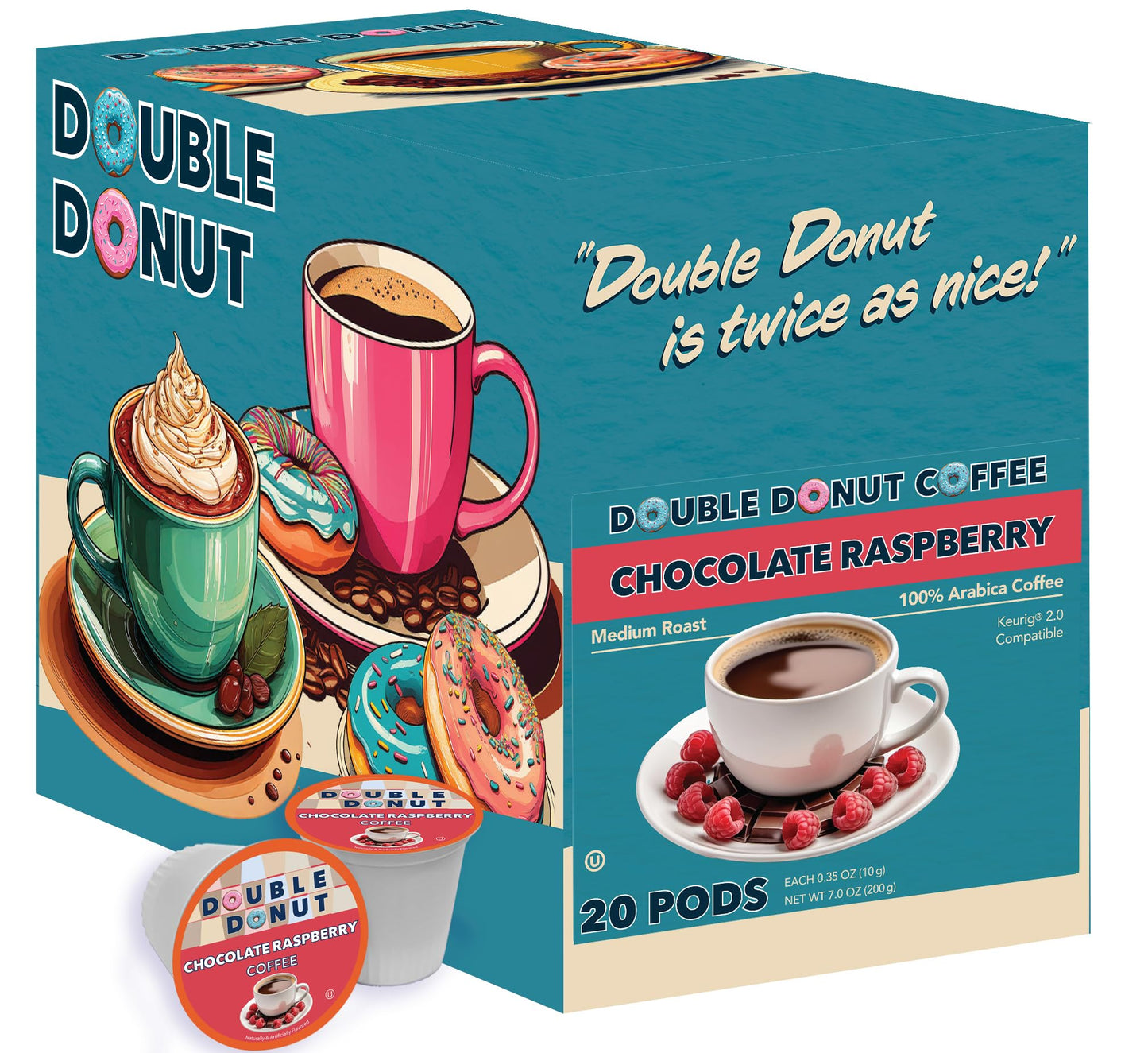 Double Donut Coffee Pods, Medium Roast, Chocolate Raspberry Flavor, 20 Count, Compatible with Keurig K Cups
