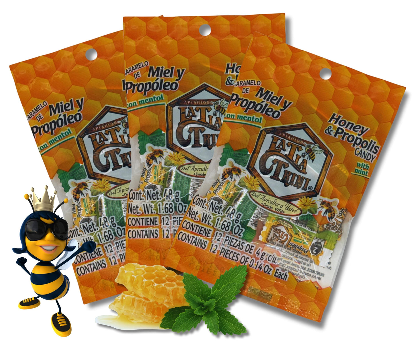 LA TIA TRINI Honey & Propolis Candy with Mint - 3 Pack (12 Candies Each) - Soothing Natural Lozenges - Yellow