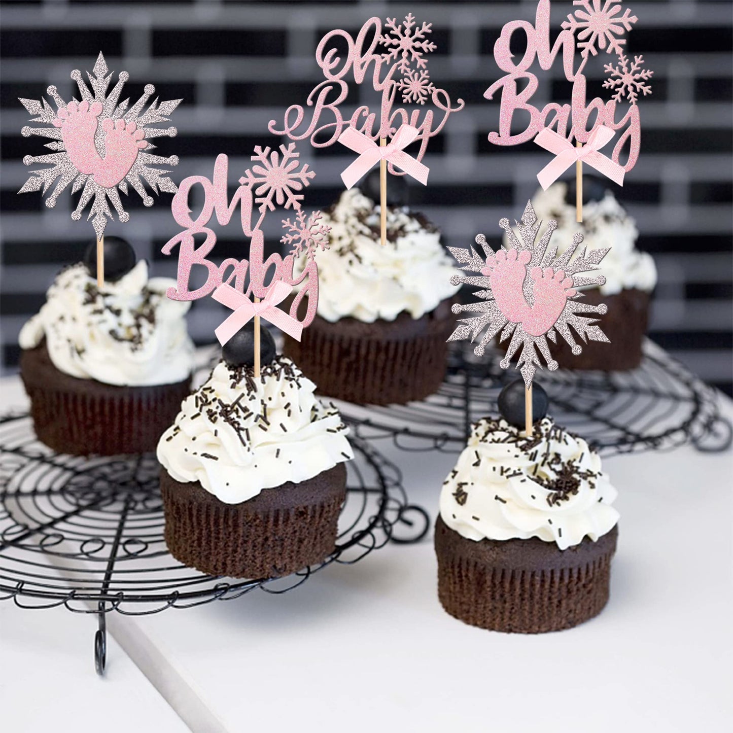 24 Pcs Snowflake Oh Baby Cupcake Toppers With Bow Glitter Winter Frozen Baby Feet Snowflake Cupcake Picks For Winter Wonderland