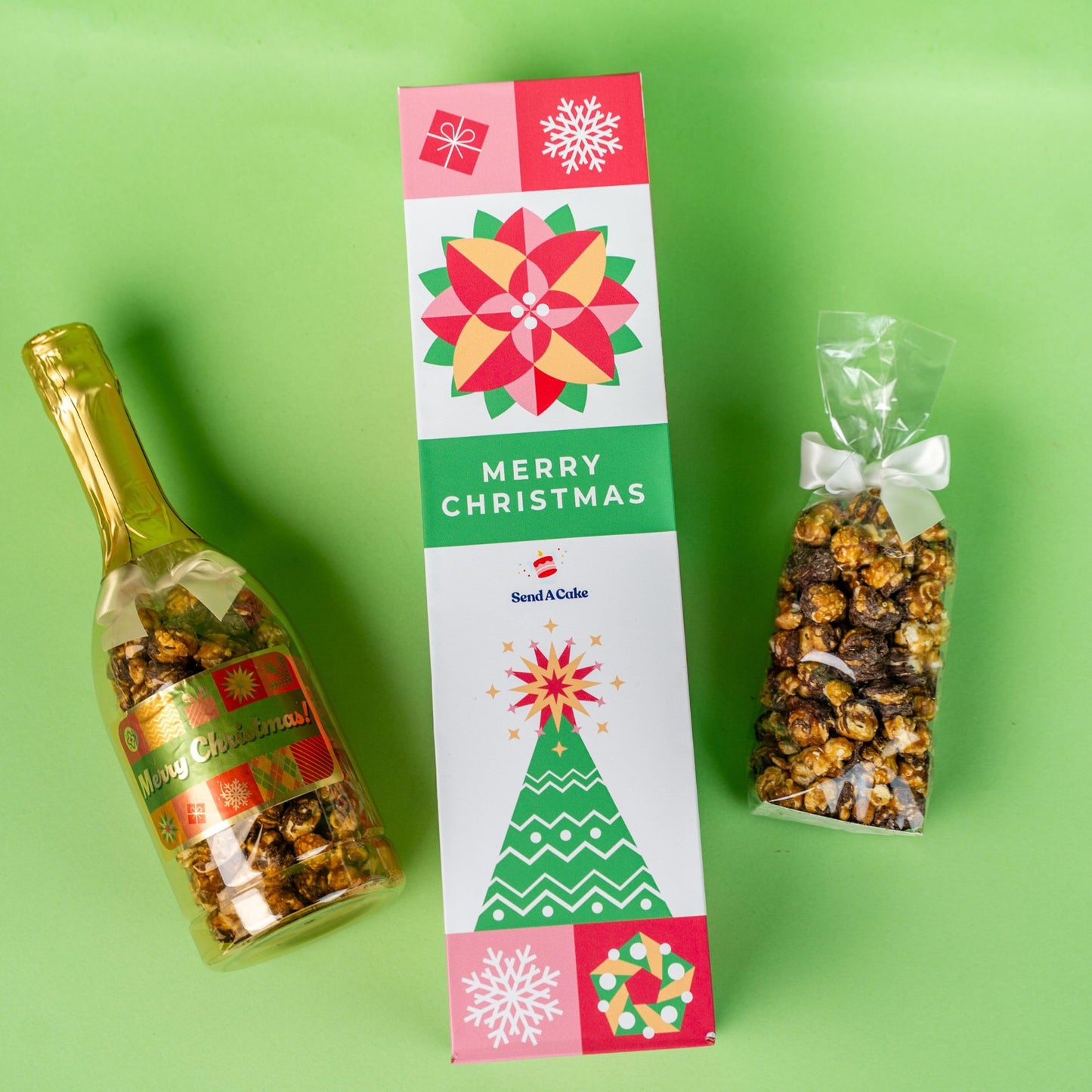 Merry Christmas Bubble Box With Holiday Caramel Corn By Send A Cake, Ready To Gift, No Assembly Required - Christmas Surprise - Unique Gift For Women, Men, Mature-Themed, Kids