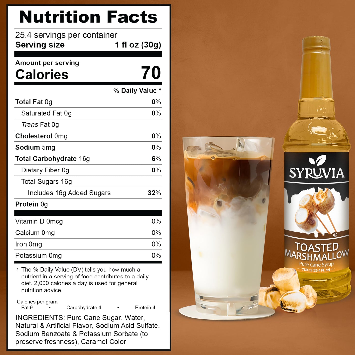 Syruvia Toasted Marshmallow Coffee Syrup - 25.4 Fl Oz Premium Coffee Flavoring Syrup - Kosher Coffee Syrups, Gluten Free, No Col
