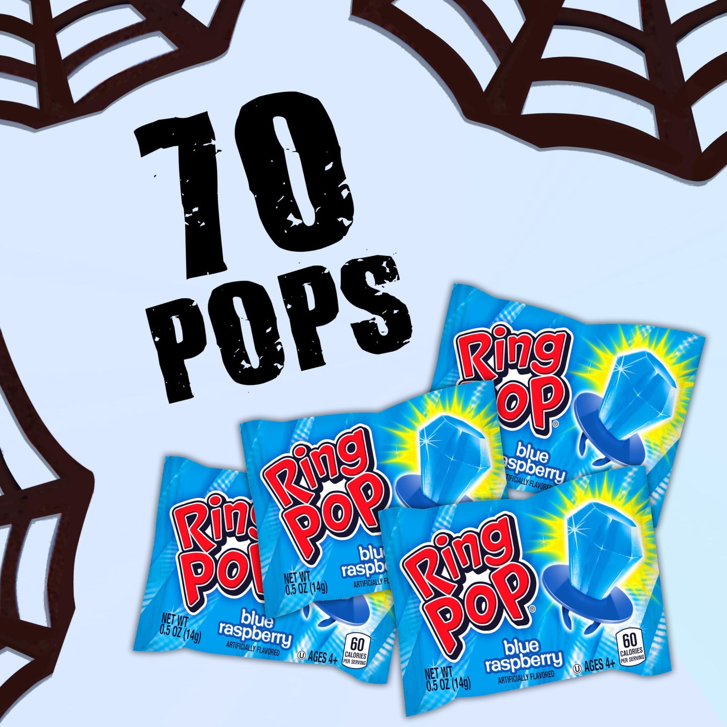 Ring Pop Bulk Lollipop Pack - 70 Count Blue Raspberry Flavored Candy, Individually Wrapped, Great for Parties and Stocking Stuffers