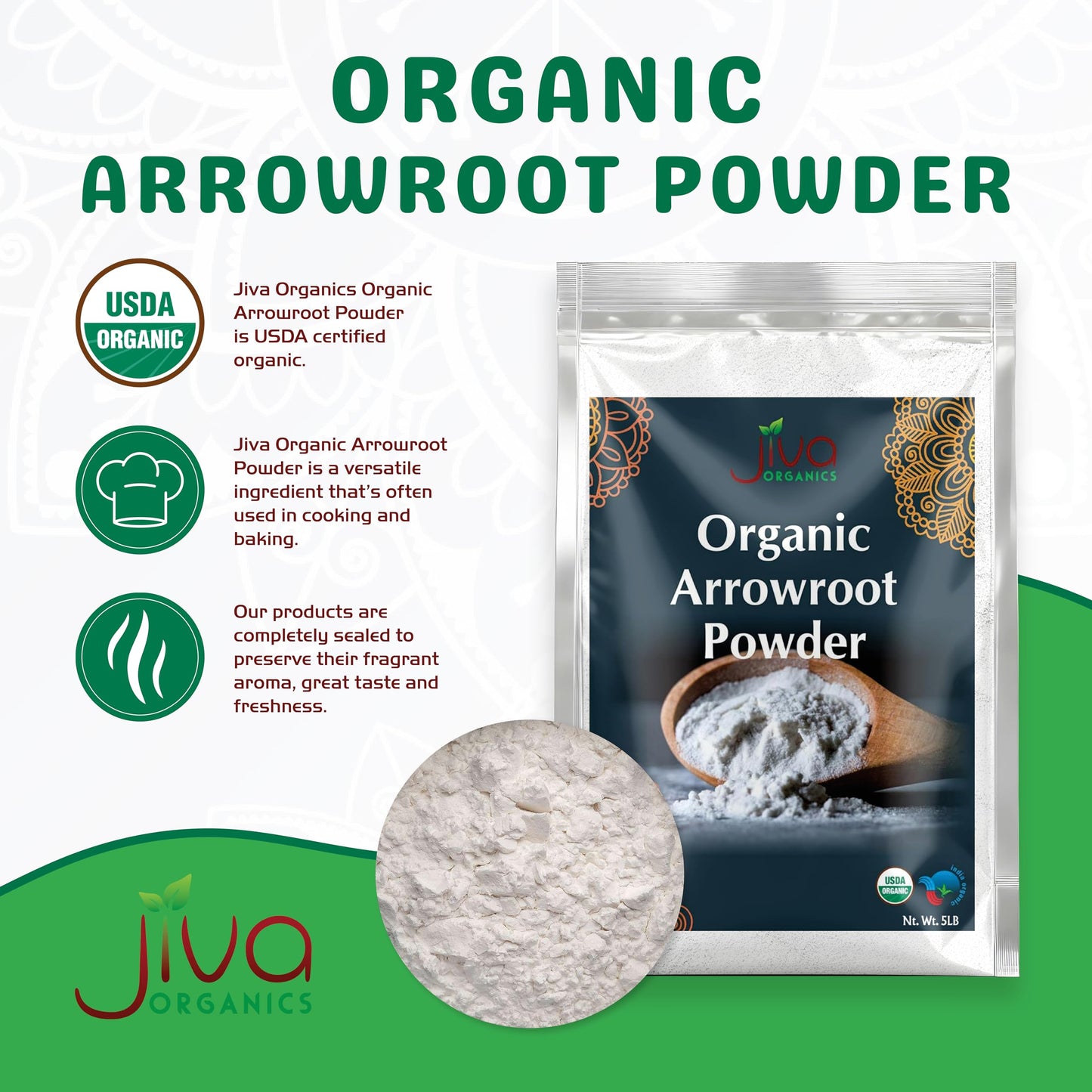 Jiva Organics Organic Arrowroot Flour (Powder) 5 Pound Bag - Raw, Non-Gmo, Gluten Free