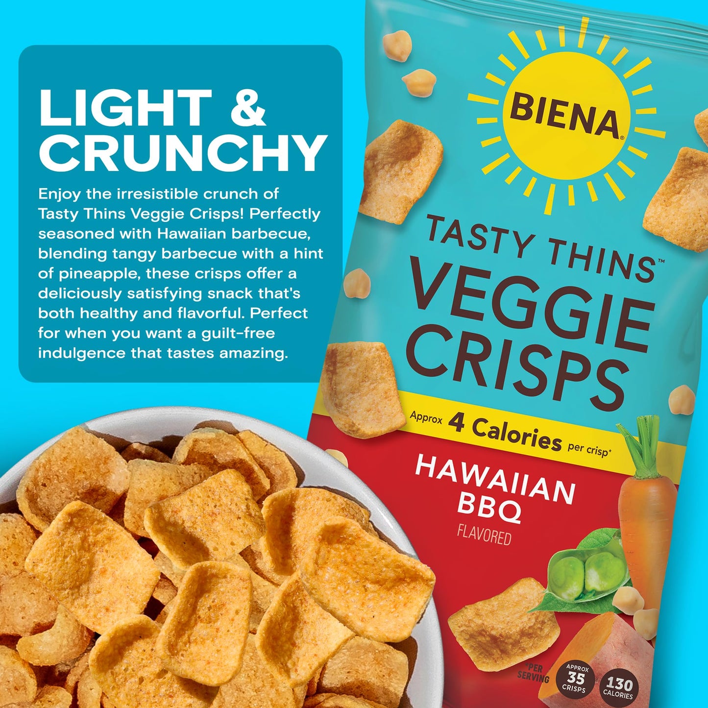 Biena Tasty Thins Veggie Crisps - Hawaiian Bbq, 4-Pack, 4 Oz Bags - Chickpeas & Veggies, Vegan, Gluten Free, Dairy-Free, Non-Gmo