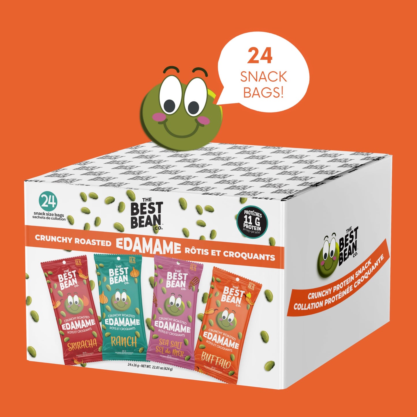 Best Bean Co. Crunchy Roasted Edamame - Variety Pack (24 Bags)  11g Protein per Bag  Healthy Snacks for mature-themeds and Kids  High-Protein Low Carb Keto  Free Snack Packs  0.9oz Each