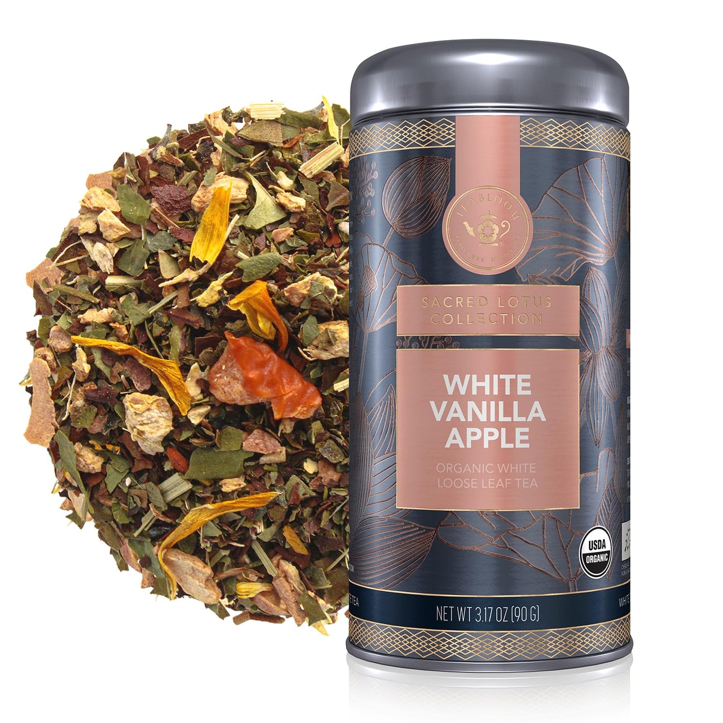 Teabloom Organic White Tea, White Ginger Vanilla Apple Loose Leaf Tea, After-Dinner Tea with Sweet Vanilla and Spice, USDA Certi