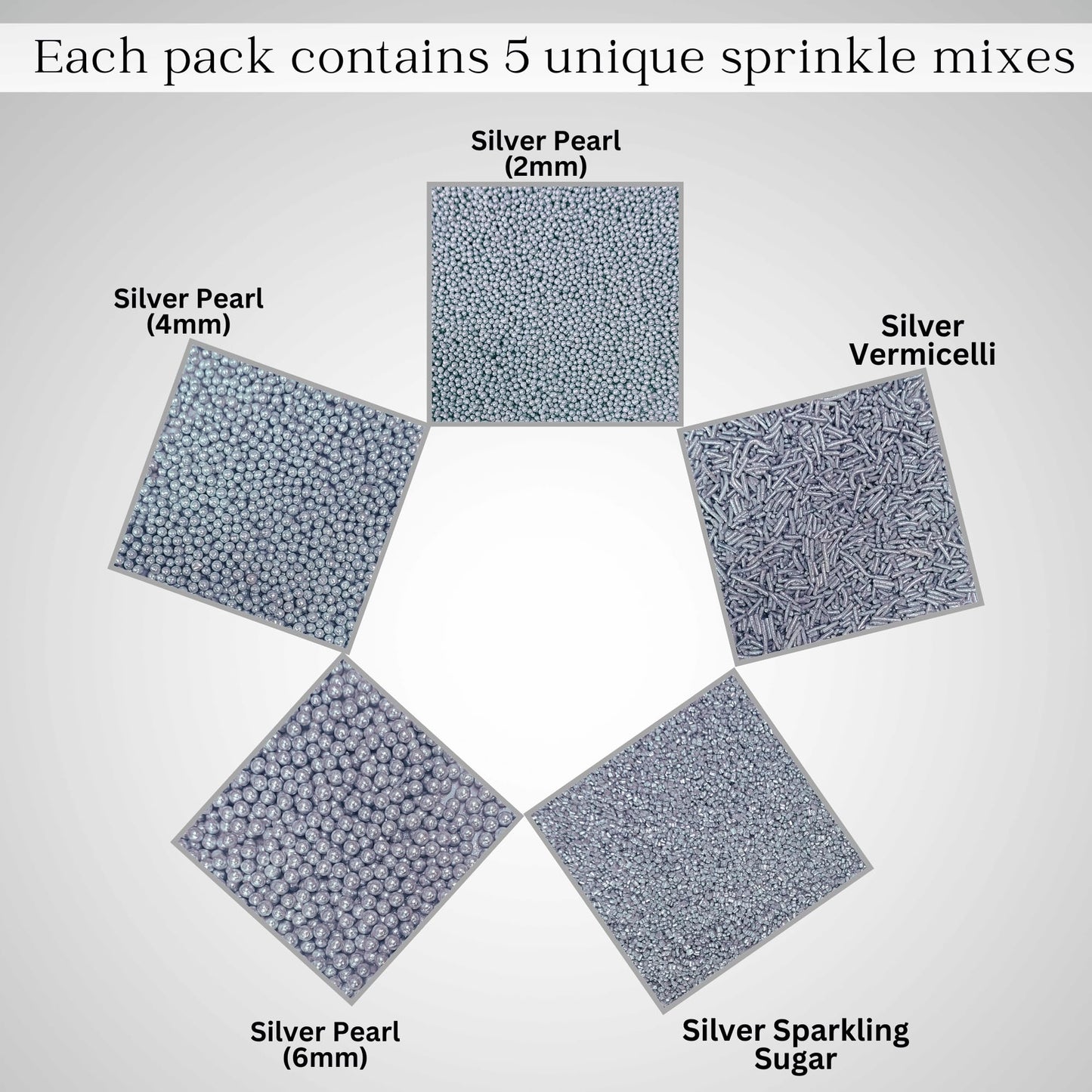 Confect Silver Pearl Sprinkles for Cakes & Cupcakes, Assorted 5 Pack, 3.5 Oz, Metallic Shine Silver