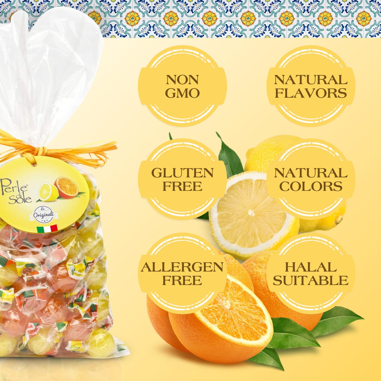 Perle Di Sole Italian Hard Candy - Assorted Orange & Lemond Drops With Fizzy Filling (17.6 Oz | 500 G) Italian Candy Individuall